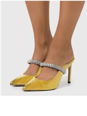 YDN Gold Emboss Studded Mules Ankle Strap Sandals Rhinestone Stiletto Heels Shoe